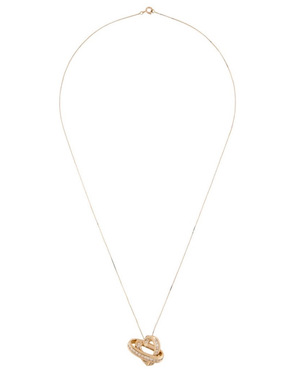Authentic 14K Yellow Gold Double Interlocking Heart Diamond Necklace. - Picture 6 of 7